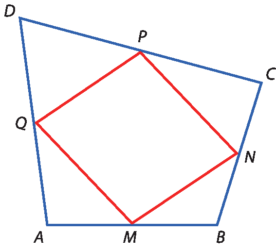 Ilustração. Quadrilátero ABCD. Dentro, quadrilátero MNPQ, em que: M é ponto médio do lado AB, N é ponto médio do lado BC, P é ponto médio do lado CD, e Q é ponto médio do lado AD.