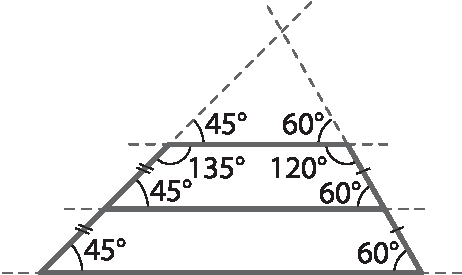 Ilustração. Trapézio cuja base média está destacada. Prolongamento dos lados não paralelos formando um triângulo cuja base é a base menor do trapézio.  As bases do trapézio e sua base média também estão prolongadas e tracejadas. Os ângulos da base maior do trapézio medem 45 graus e 60 graus. O trapézio formado pela base média e a base menor tem internos medindo 135 graus, 120 graus, 45 graus e 60 graus. O triângulo tem ângulos da base medindo 45 graus e 60 graus.