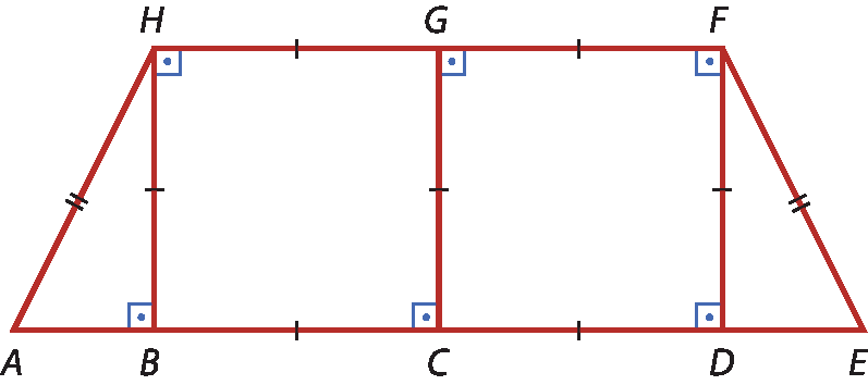 Ilustração. Quadrilátero AEFH, em que: os segmentos AE e FH são paralelos e não congruentes (com AE maior que FH); os segmentos AH e EF são congruentes; os pontos B, C e D pertencem ao segmento AE, tal que BC é congruente a CD; o ponto G pertence ao segmento FH, tal que FG é congruente a GH; são congruentes os segmentos BC, CD, FG, GH, DF, CG e BH; têm medida de 90 graus os ângulos ABH, BHG, BCG, CGF, CDF e DFG.