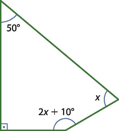 Ilustração. Quadrilátero qualquer com ângulos internos de medida: 50 graus, xis grau, 90 graus e 2x mais 10 graus.