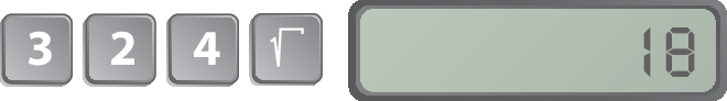 Ilustração. Teclas de uma calculadora e um visor ao lado. Tecla 3, tecla 2, tecla 4, e tecla de raiz quadrada. Ao lado, o visor mostra o valor 18.
