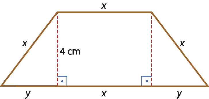 Ilustração. Um trapézio decomposto em: um retângulo central e dois triângulos congruentes, um ao lado esquerdo do retângulo, outro, do lado direito. A altura dos triângulos (e do retângulo) tem medida 4 centímetros. A base dos triângulos mede y centímetro. O outro lado dos triângulos mede x centímetro. A base do retângulo mede x centímetro também.