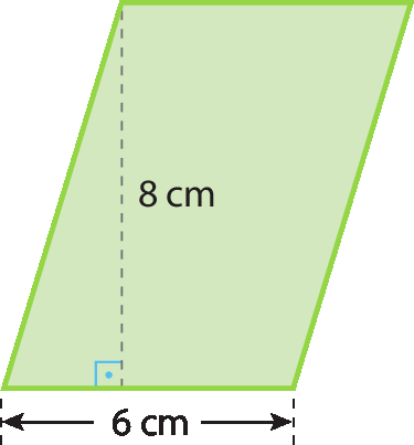 Ilustração. Paralelogramo na vertical com altura de 8 centímetros e base de 6 centímetros.