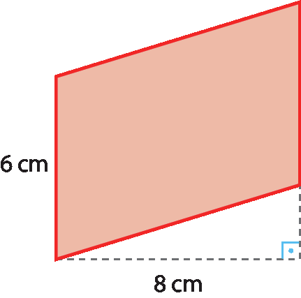 Ilustração. Paralelogramo com lado vertical medindo 6 centímetros e a distância de um lado vertical ao outro igual 8 centímetros.