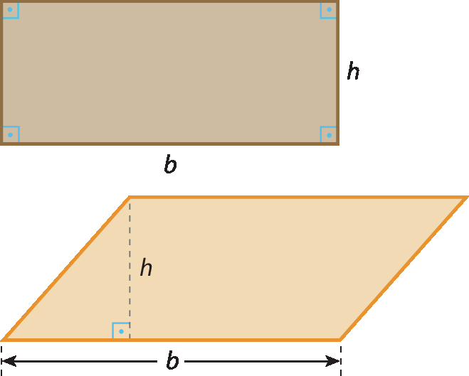 Ilustração. Retângulo marrom de base de medida b e altura de medida h. Ilustração. Paralelogramo laranja de base de medida b e altura de  medida h.