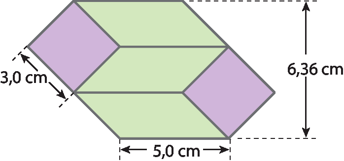 Ilustração. Mosaico com dois paralelogramos e dois quadrados. Os dois quadrados são idênticos, e possuem lados que medem 3,0 centímetros. Os paralelogramos possuem um lado que mede 3,0 centímetros e o a base com 5,0 centímetros. A altura da figura é de 6,36 centímetros. A disposição da figura é na parte de cima um paralelogramo na horizontal e outro abaixo dele invertido com os lados unidos, à esquerda desses dois paralelogramos foi encaixado um quadrado, ou seja, forma um ângulo de 90° e abaixo do segundo paralelogramo é colocado um outro paralelogramo invertido também e à direita destes dois paralelogramos foi encaixado o segundo quadrado.