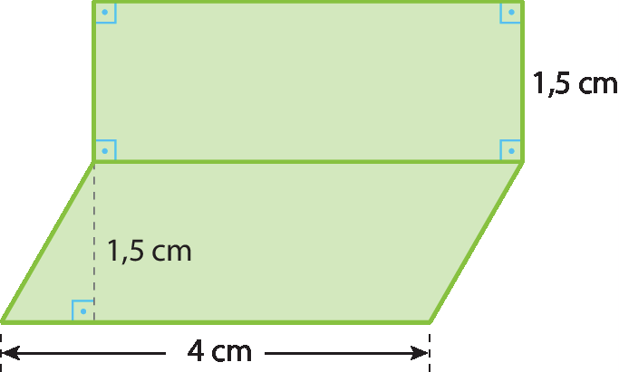 Ilustração. Figura de retângulo verde e embaixo paralelogramo unidos pela base do retângulo e a base superior do paralelogramo. A medida da base do paralelogramo é de 4 centímetros e sua altura é de 1,5 centímetros.