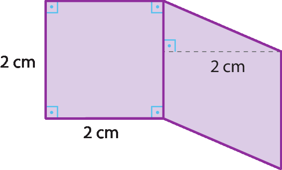 Ilustração. Quadrado roxo com lados medindo 2 centímetros. Ao lado paralelogramo medindo 2 centímetros de comprimento.