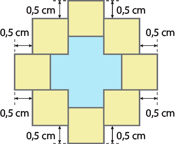 A figura é formado por 8 quadrados amarelos, sua disposição, partindo da base será um quadrado amarelo no centro e de seus dois lados outro quadrado amarelo 0,5 cm mais acima, acima desses dois quadrados virão outros dois novos quadrados amarelos 0,5 cm para fora, ou seja, o quadrado que aparecerá acima do quadrado que está no lado direito estará 0,5 cm à direita e o quadrado que aparecerá acima do quadrado da esquerda aparecerá 0,5 cm à esquerda; acima desses quadrados virão outros dois quadrados, um cima acima de cada um, de modo que o quadrado que aparecerá acima do quadrado da esquerda esteja 0,5 cm à direita e o quadrado que virá acima do quadrado da direita aparecerá 0,5 cm à esquerda; e entre eles vira um ultimo quadrado 0,5 cm acima deles. No centro será formada uma região azul com formato de cruz.