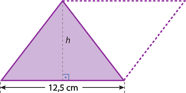 Ilustração. Triângulo com altura de h centímetros e base 12,5 centímetros. À direita, triângulo idêntico tracejado de modo que a figura se transformaria em um paralelogramo.