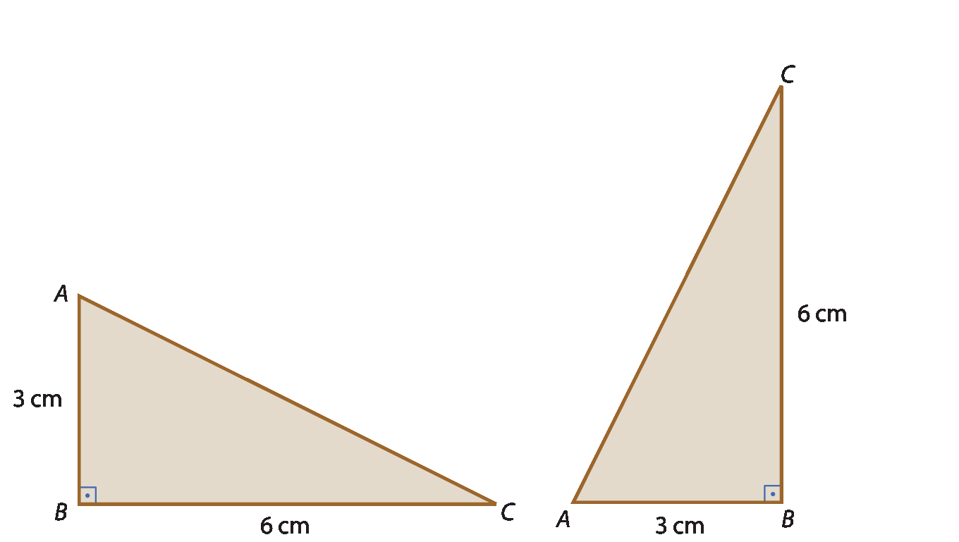Ilustração. Triângulo ABC. Medidas: AB: 3 centímetros. BC: 6 centímetros. Ilustração. Triângulo ABC na vertical. Medidas: AB: 3 centímetros. BC: 6 centímetros.