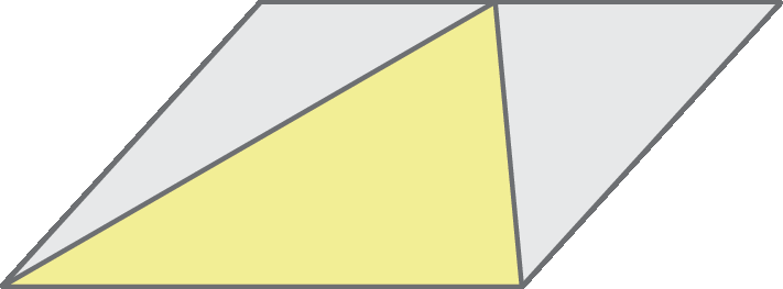 Ilustração. Paralelogramo com triângulo amarelo no centro. A base do paralelogramo é a mesma base do triângulo. O outro vértice do triângulo encosta no lado oposto a base do paralelogramo.