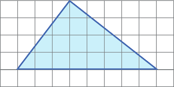 Ilustração. Malha quadriculada com triângulo azul composto por 12 quadradinhos inteiros e 8 quadradinhos pela metade. Na base do triângulo há 8 quadrinhos, e na sua altura há 4 quadradinhos.