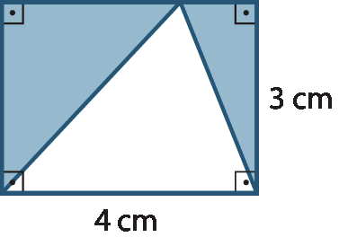 Ilustração. Retângulo azul com triângulo branco no centro. A base do retângulo é a mesma base que do triângulo. A medida da base do triângulo e do retângulo é de 4 centímetros e a altura do retângulo é de 3 centímetros. O vértice oposto à base do triângulo encosta no do retângulo que é paralelo a base.