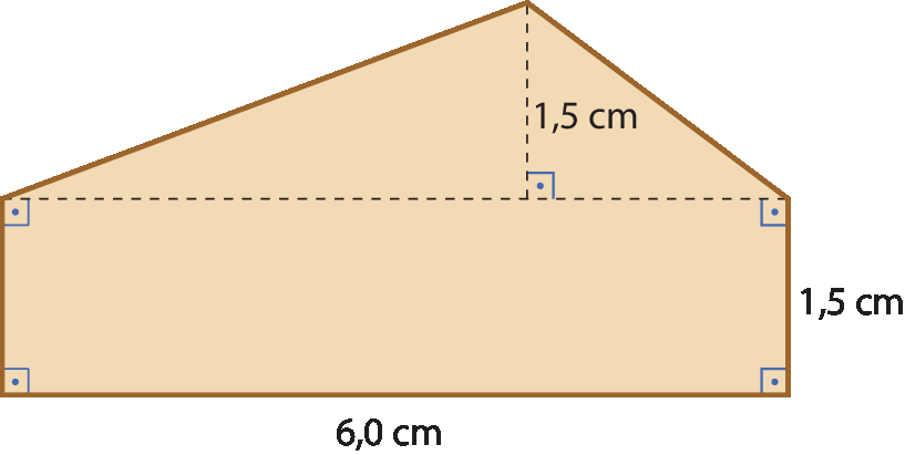 Ilustração. Na parte inferior, retângulo medindo 6,0 centímetros por 1,5 centímetros. Acima, triângulo com altura de 1,5 centímetros.