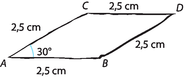 Ilustração. Paralelogramo ABCD com ângulo 30 graus em A. A medida de cada lado é 2,5 centímetros.