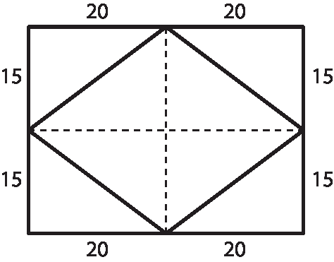 Ilustração. Retângulo com a base dividida em duas partes iguais, cada uma medindo 20 centímetros, e a altura também dividida em duas partes iguais, cada uma medindo 15 centímetros. Dentro desse retângulo há um losango, que é um quadrilátero com quatro lados iguais e ângulos opostos iguais. Esse losango está dividido em quatro triângulos retângulos, que são triângulos com um ângulo de 90 graus.