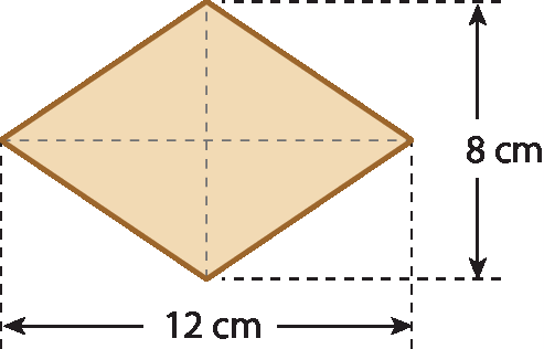 Ilustração. Losango laranja dividido em quatro parte iguais, formando cada parte um triângulo retângulo. Sua diagonal maior mede 12 centímetros e sua diagonal menor mede 8 centímetros.
