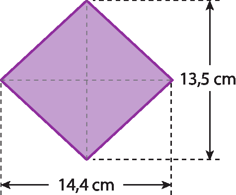 Ilustração. Losango roxo dividido em quatro parte iguais, formando cada parte um triângulo retângulo. Sua diagonal maior mede 14,4 centímetros e sua diagonal menor mede 13,5 centímetros.
