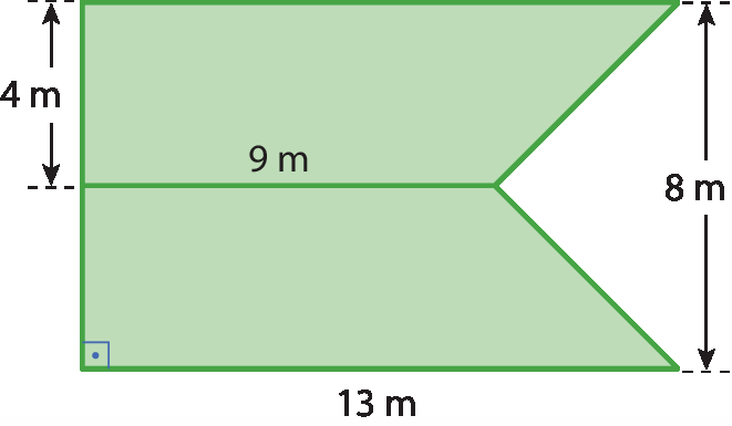 Ilustração. Figura pentagonal composta de dois trapézios retângulos congruentes unidos pelas bases menores que são coincidentes. A medida da base menor é 9 metros. A altura de cada trapézio é 4 metros e a altura total da figura é 8 metros. A base maior mede 13 metros.
