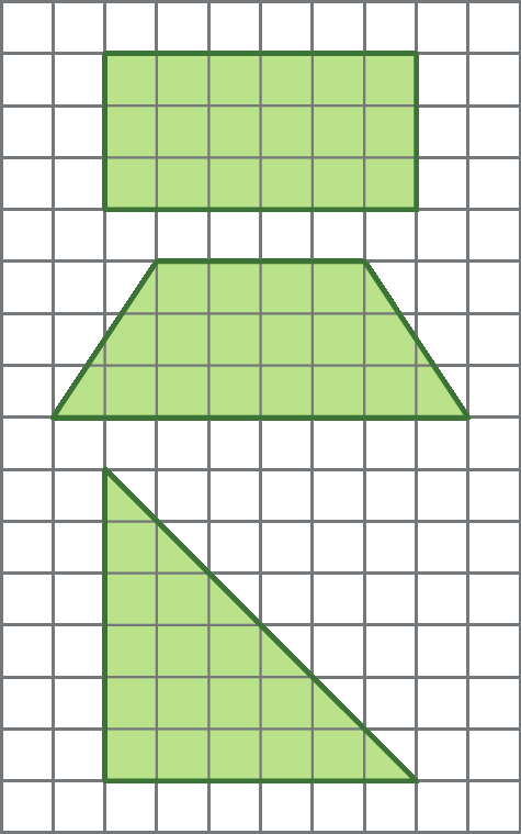 Ilustração. Malha quadriculada com um retângulo, um trapézio e um triângulo retângulo.