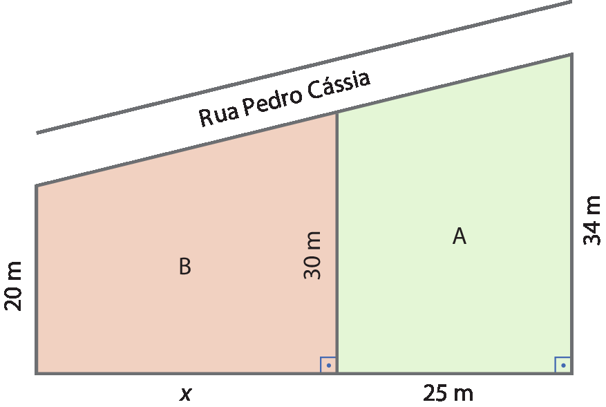 Ilustração. Há dois trapézios na figura divididos em A e B. O trapézio da esquerda é o lado B e o trapézio da direita o lado A. No trapézio B, a base maior mede 30 metros, a base menor mede 20 metros e a altura mede x metros. No trapézio A, a base maior mede 34 metros, a base menor mede 30 metros e a altura é de 25 metros. A base menor do trapézio A corresponde à base maior do trapézio B. Acima, na diagonal, encontra-se a Rua Pedro Cássia. Há um ângulo reto no trapézio A entre as medidas de 34 metros e 25 metros. No trapézio B, há um ângulo reto entre as medidas de 30 metros e x metros.