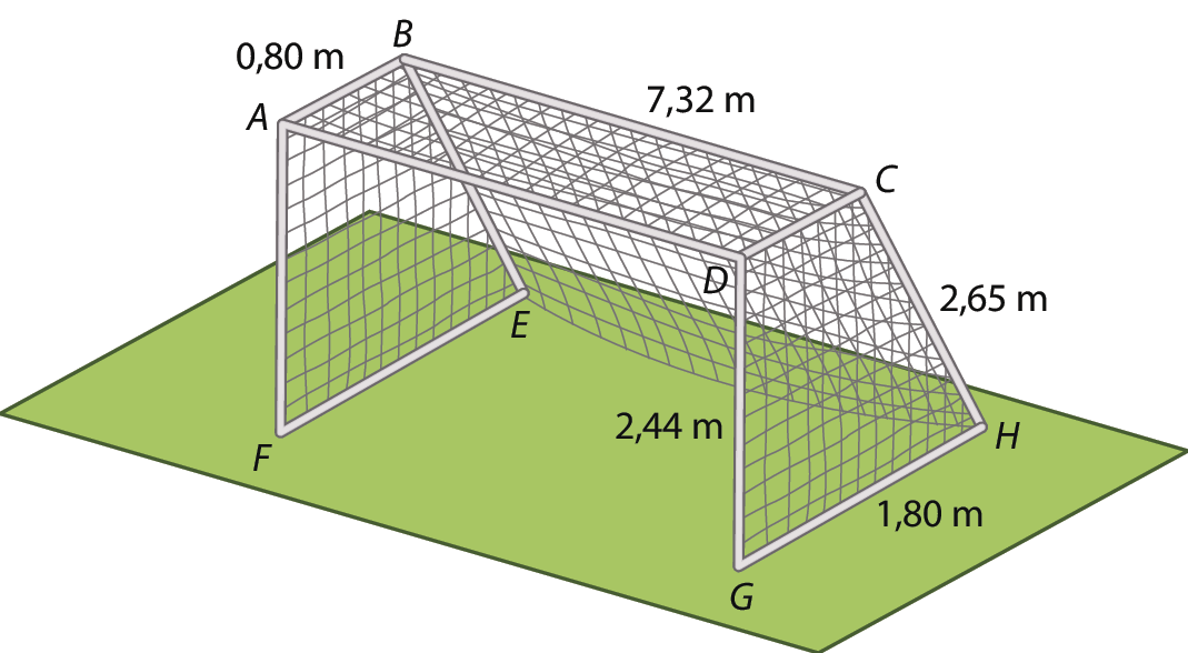 Ilustração. Gol em um campo de futebol. Uma parte do gol lembra um trapézio ABCD tal que: A B igual 2 metros, B C igual 3 metros, C D igual 0,8 metro, D A igual 2,5 metros.