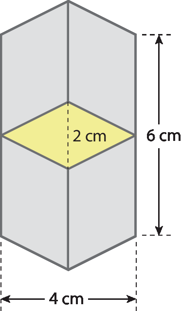Ilustração. No centro da figura há um losango amarelo com uma diagonal medindo 2 centímetros e conectado ao seus lados temos quatro paralelogramos idênticos de forma que os dois paralelogramos de cima possuem um lado coincidente e os dois paralelogramos de baixo possuem outro lado coincidente.A medida da sua base é de 4 centímetros e a medida de sua altura é de 6 centímetros.