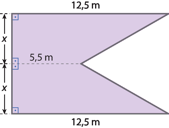 Ilustração. Dois trapézios um abaixo do outro. A medida de cada um é 12,5 metros lado maior e 5,5 metros o lado menor. A altura é x.