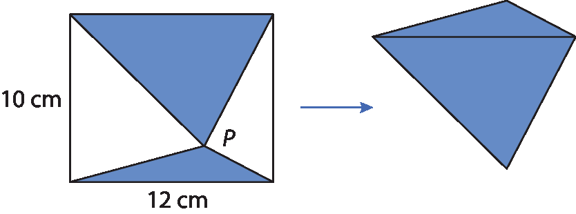 Ilustração. Retângulo medindo 10 centímetros por 12 centímetros. Dentro, dois triângulos de tamanhos diferentes unidos em pelo vértice em P. Seta para: triângulo maior abaixo e menor acima. A base dos dois triângulos terá a mesma medida, sendo 12 centímetros.