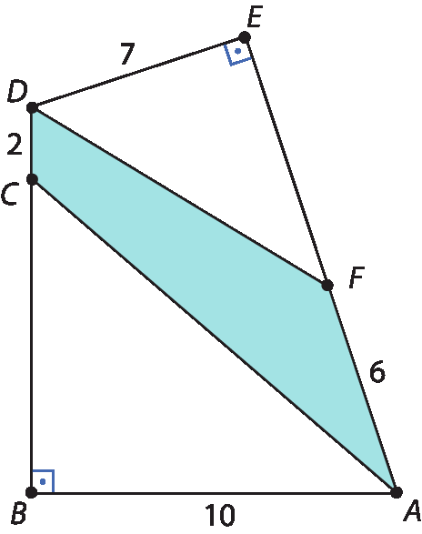 Ilustração. Quadrilátero ABDE, entre B e D foi colocado um ponto C que dista 2 de D; entre A e E foi colocado um ponto F que dista 6 do ponto A; o ângulo de B é reto e o ângulo de E também é reto. A medida de DE é 7 e de BA é 10