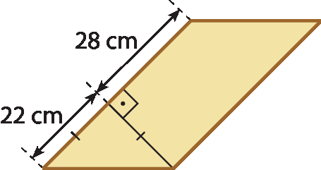 Ilustração. Paralelogramo com medida de 28 centímetros + 22 centímetros o lado maior. Altura com ângulo reto. Neste paralelogramo será traçado altura que também terá medida de 22 centímetros.