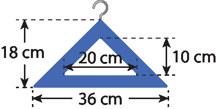 Ilustração. Triângulo com medida de 36 centímetros o lado maior e 18 centímetros de altura. Dentro, triangulo vazado com 10 centímetros de altura e 20 centímetros de largura.