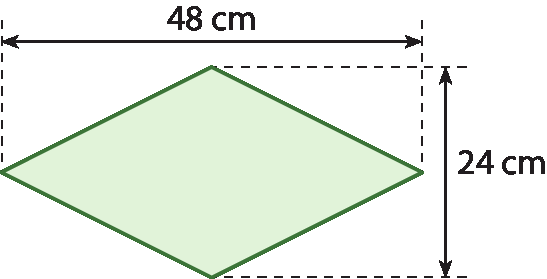Ilustração. Losango verde com medidas: 24 centímetros por 48 centímetros.