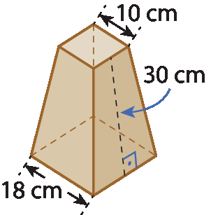 Ilustração. Tronco de pirâmide de base quadrangular com medidas: 18 centímetros base maior, 10 centímetros base menor e 30 centímetros de altura.