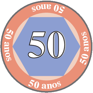 Ilustração. Selo comemorativo em formato circular vermelho e um hexágono roxo com número 50 no centro. Ao redor, a informação: 50 anos.