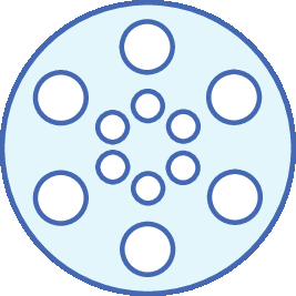 Ilustração. Circunferência azul. Dentro, seis circunferências brancas. No centro, seis circunferências menores.