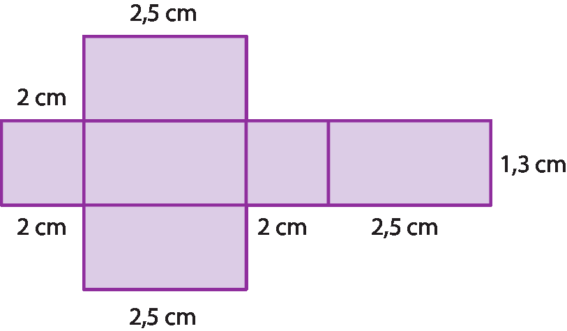 Ilustração. Planificação de um paralelepípedo. Na horizontal, dois quadrados com lado medindo 2 centímetros e dois retângulo medindo 2 centímetros por 2,5 centímetros intercalados. Acima e abaixo do primeiro retângulo, um retângulo medindo 2 centímetros por 2,5 centímetros.