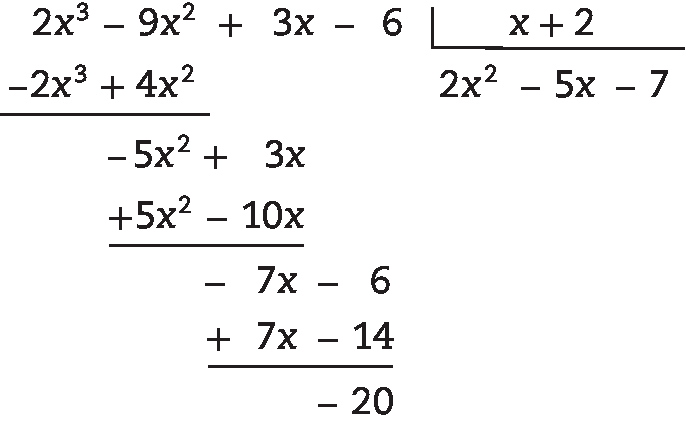 Algoritmo da divisão.
Na chave: x mais 2

Fora da chave: 2 x ao cubo menos 9 x ao quadrado mais 3x menos 6, abaixo menos 2 x ao cubo mais 4 x ao quadrado, abaixo menos 5 x ao quadrado mais 3 x, abaixo mais 5 x ao quadrado menos 10 x, abaixo menos 7 x menos 6, abaixo mais 7 x menos 14, abaixo resto 20.

Quociente: 2 x ao quadrado menos 5 x menos 7