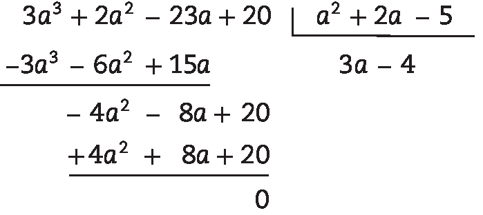 Algoritmo da divisão.
Na chave: a ao quadrado mais 2 a menos 5

Fora da chave: 3 a ao cubo mais 2 a ao quadrado menos 23 a mais 20, abaixo menos 3 a ao cubo menos 6 a ao quadrado mais 15 a, abaixo menos 4 a ao quadrado menos 8 a mais 20, abaixo mais 4 a ao quadrado mais 8 a mais 20, abaixo zero

Quociente: 3 a menos 4