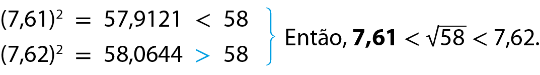Esquema. 7,61 ao quadrado é igual a 57,9121, que é menor que 58. 7,62 ao quadrado é igual a 58,0644, que é maior que 58. Uma chave indica que 7,61 é menor que raiz quadrada de 58, que é menor que 7,62.