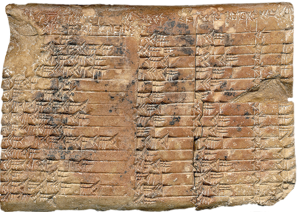 Fotografia. Tábua de argila da civilização babilônica, retangular, com linhas e inscrições.