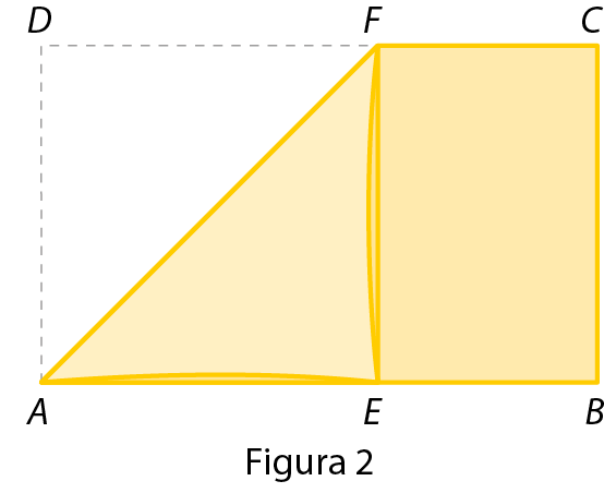 Ilustração. Figura 2. Do retângulo amarelo ABCD, uma dobradura foi feita do vértice D em direção ao lado AB. O segmento EF divide o retângulo, formando o triângulo AEF, e o retângulo BCFE.