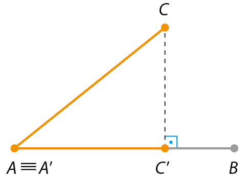 Ilustração. Segmento de reta AB  com ponto C linha entre A e B e segmento de reta AC. Os pontos C e C linha estão alinhados verticalmente. A é coincidente a A linha.