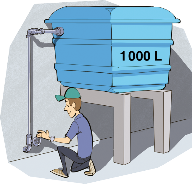 Ilustração. Caixa d’água de 1.000 litros. Ao lado, homem de boné abaixado próximo ao registro de água.
