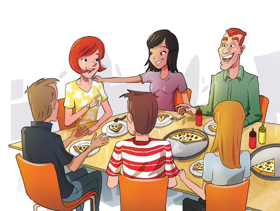 Ilustração. Seis pessoas reunidas ao redor de uma mesa. Há pizzas sobre a mesa.