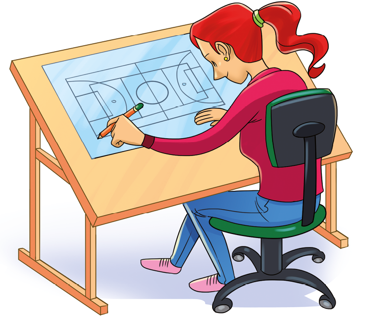 Ilustração. 
Mulher de cabelo vermelho preso, camisa vermelha e calça azul. Ela está sentada em uma mesa com folha de papel com desenho de uma quadra.