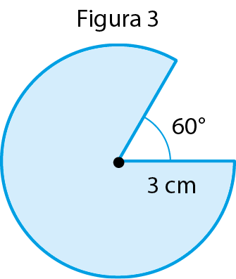 Ilustração. Figura 3. Círculo azul de raio medindo 3 centímetros. Do círculo foi retirado um setor circular cujo ângulo central mede 60 graus.