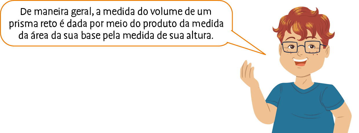 Ilustração. Menino branco de cabelo claro, óculos e camisa azul. Ele fala: De maneira geral, a medida do volume de um prisma reto é dada por meio do produto da medida da área da sua base pela medida de sua altura.