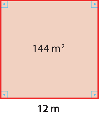 Ilustração. Quadrado de lado medindo 12 metros. Dentro, indicação da área total, medindo 144 metros quadrados.